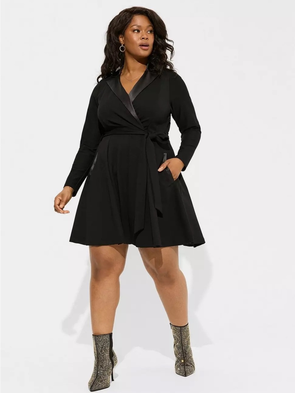 Torrid Black Satin-Trim Tuxedo Wrap Dress with Tie Waist - New with Tags